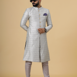 Stunning Beige Banarasi Brocade Achkan with Lilac Churidar for Men | Father-Son Combo | Grooms & Weddings | Jaipurio